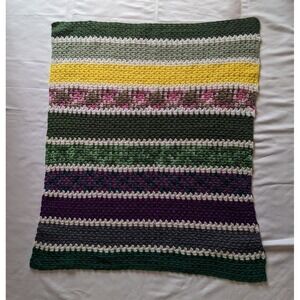 Handmade Blanket Afghan Throw Crochet Green Purple Yellow 41" X 36"